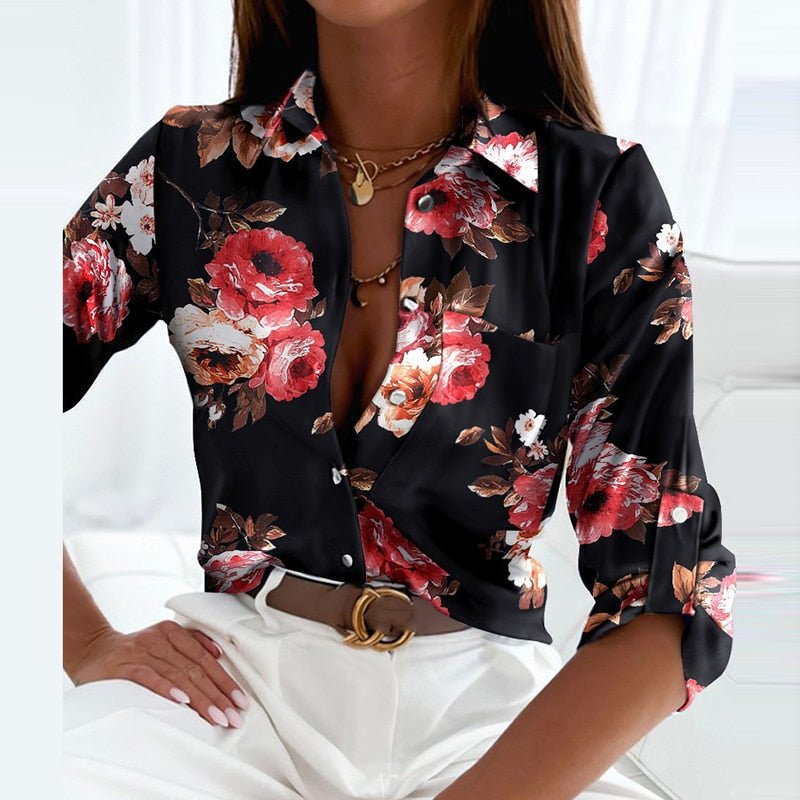 ophelia | printed long sleeve button top black pink floral