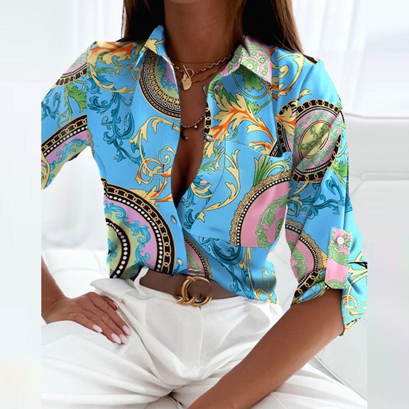 ophelia | printed long sleeve button top light blue