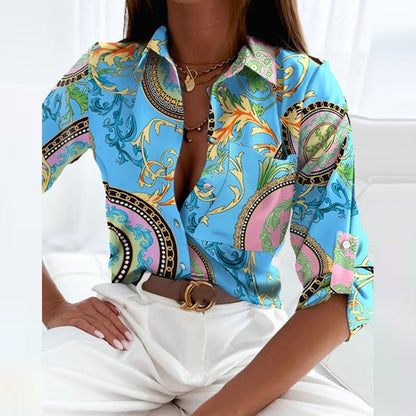 ophelia | printed long sleeve button top light blue