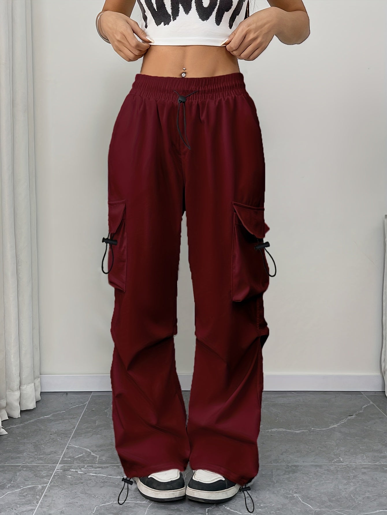 daisy | wide leg cargo pants with drawstring burgundy