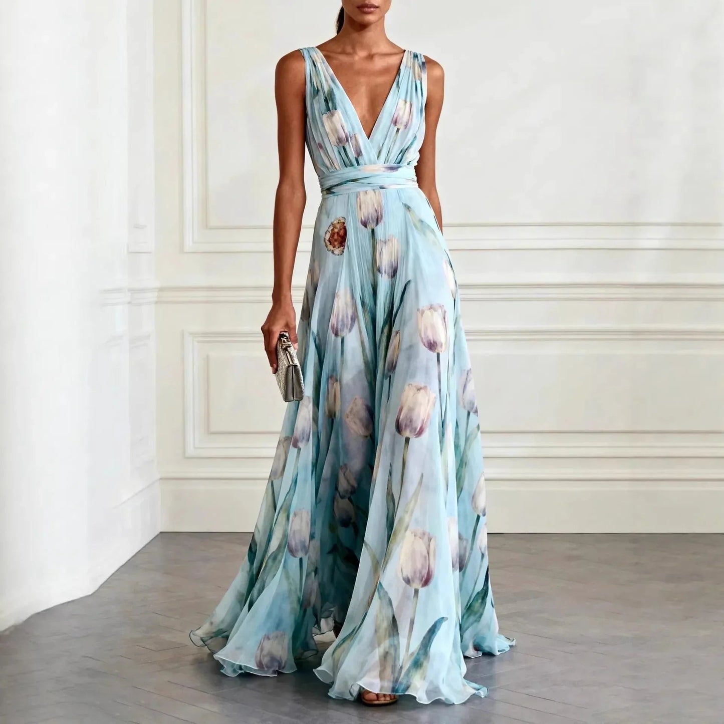daisy | floral chiffon maxi dress with deep v-neck sky blue