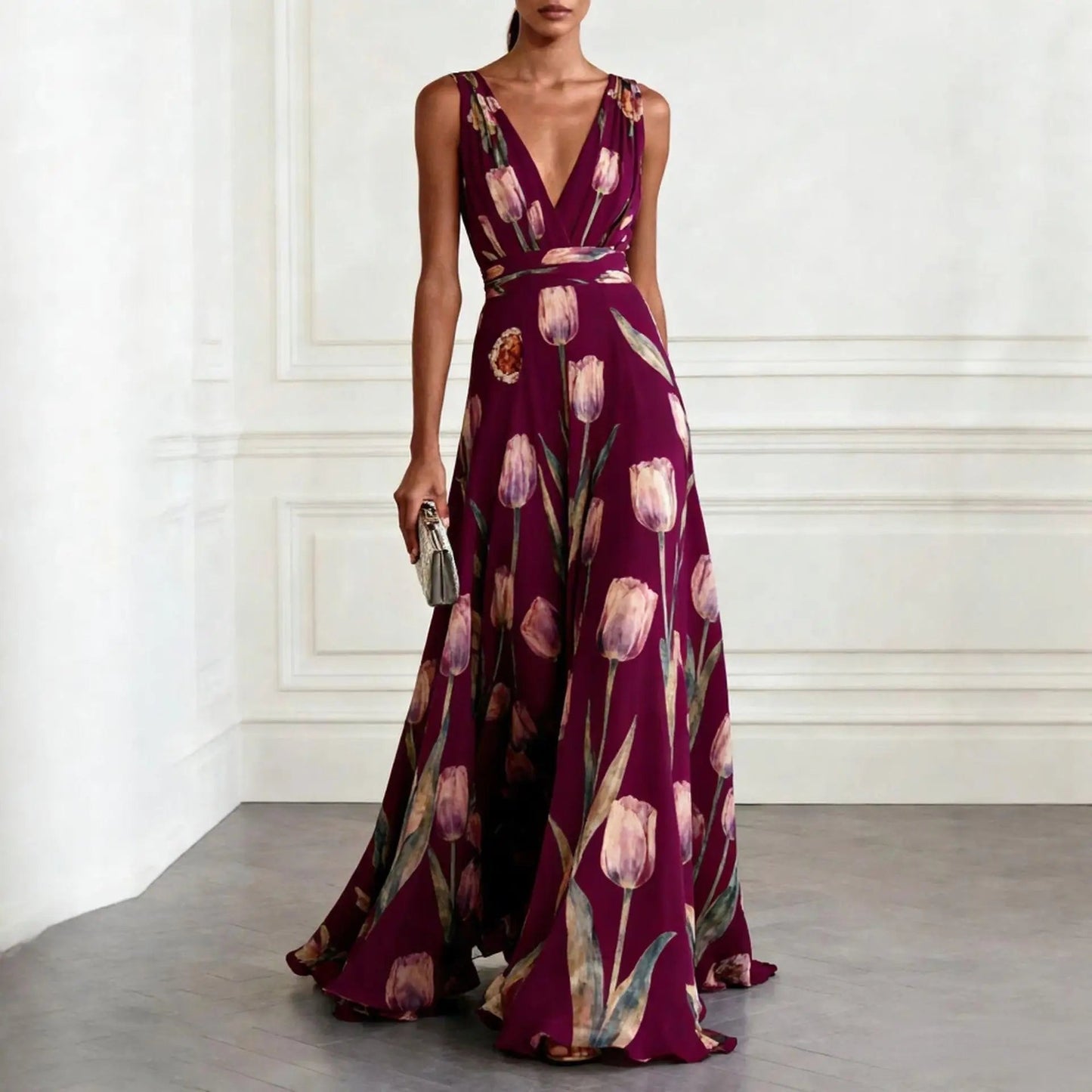 daisy | floral chiffon maxi dress with deep v-neck burgundy