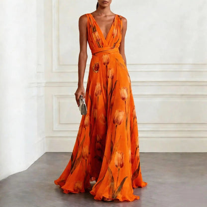 daisy | floral chiffon maxi dress with deep v-neck orange