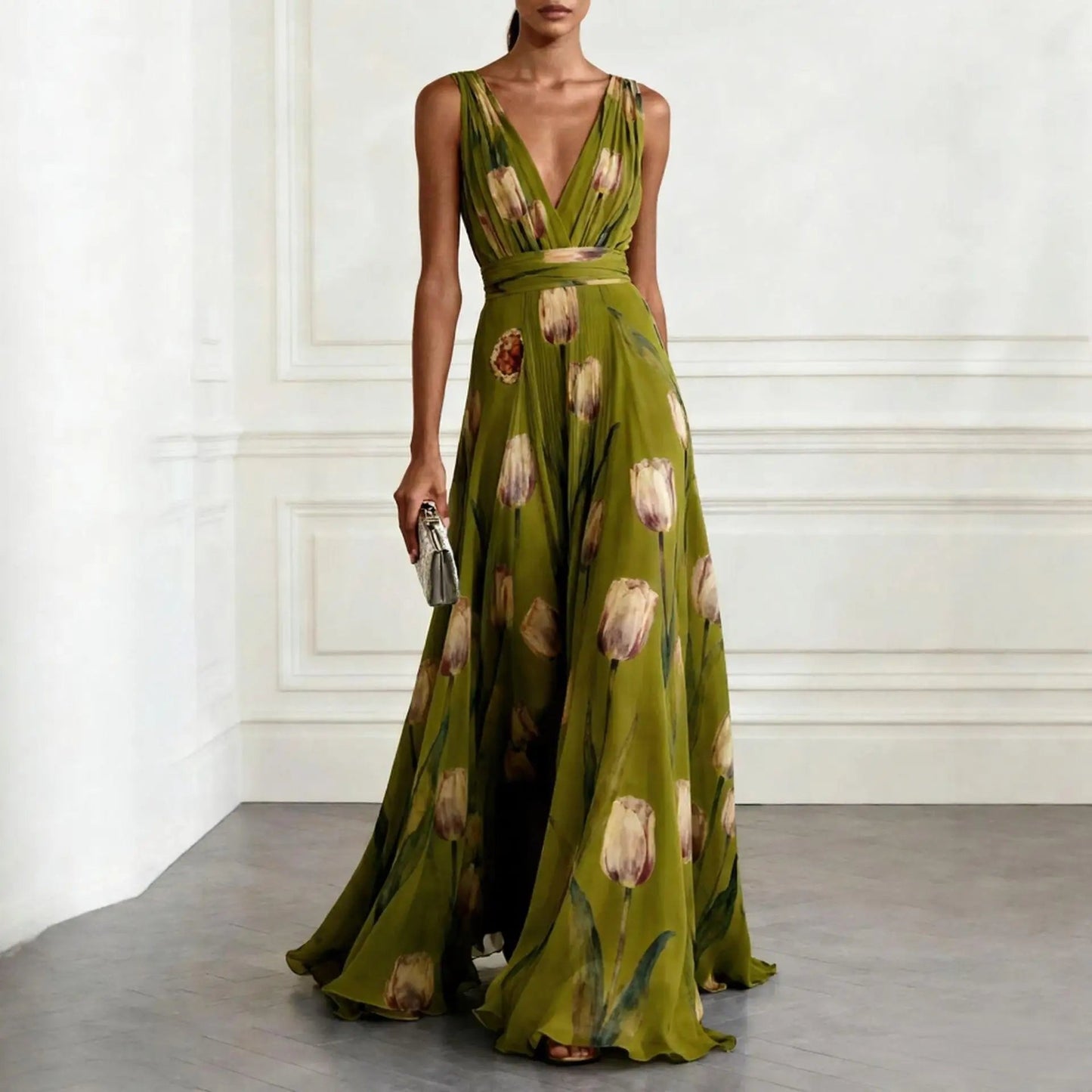 daisy | floral chiffon maxi dress with deep v-neck green