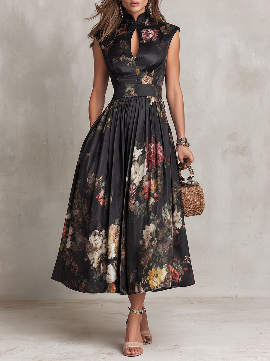 daisy | floral satin keyhole midi dress black