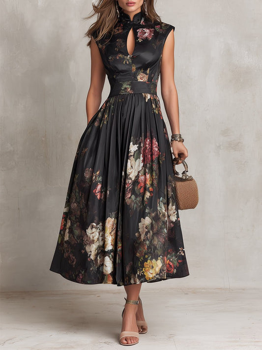 daisy | floral satin keyhole midi dress black