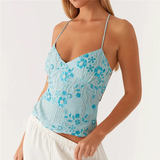 lumina | sequin halter crop top with pearl details light blue