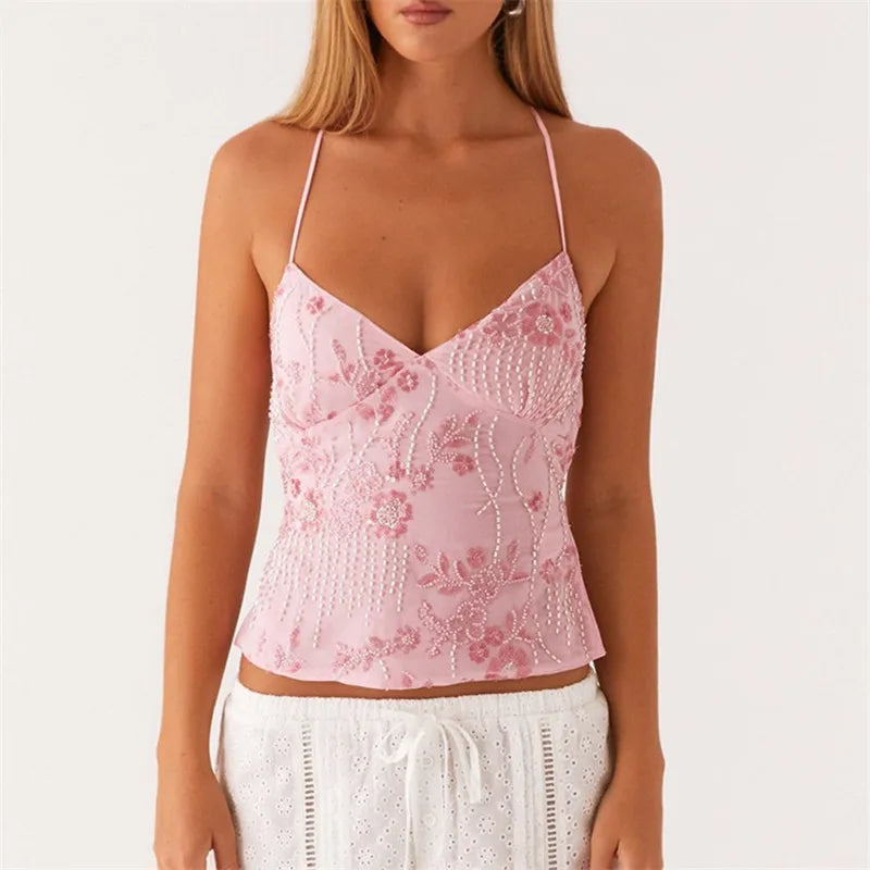 lumina | sequin halter crop top with pearl details pink