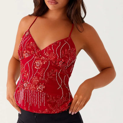lumina | sequin halter crop top with pearl details red
