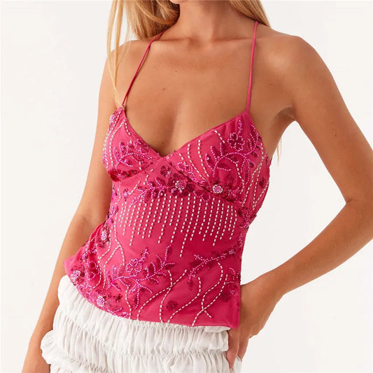 lumina | sequin halter crop top with pearl details fuchsia