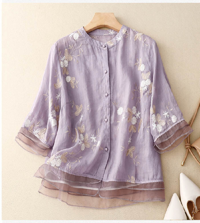 linen & bloom | floral embroidered relaxed linen blouse purple