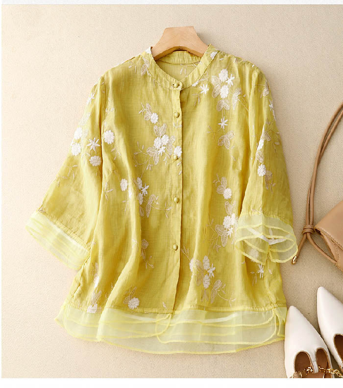 linen & bloom | floral embroidered relaxed linen blouse yellow
