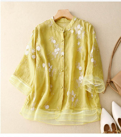 linen & bloom | floral embroidered relaxed linen blouse yellow