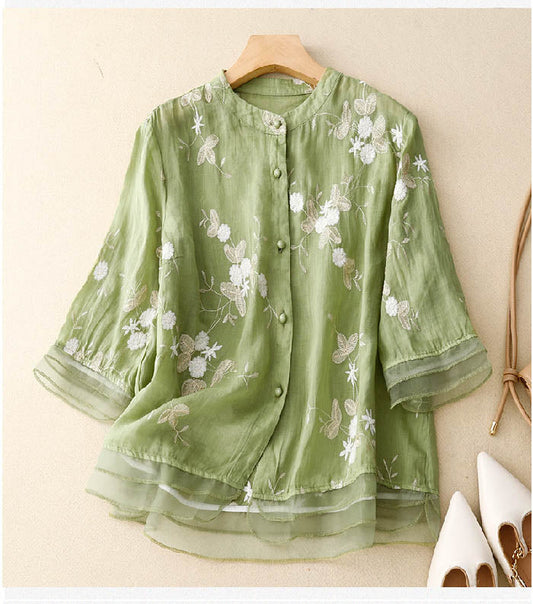 linen & bloom | floral embroidered relaxed linen blouse green